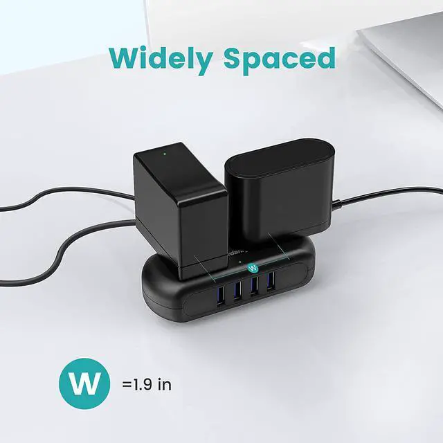 Alt view image 3 of 7 - Power Strip with USB, SUPERDANNY Mini Surge Protector with 2 Wide-Spaced Outlets & 4 USB Ports, 5 Ft Extension Cord, Flat Plug, Compact Size Desktop Charging Station for Travel, for iPhone 15 Black