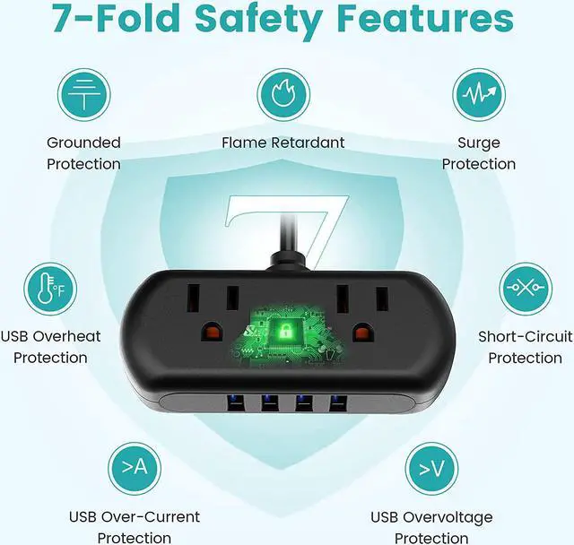 Alt view image 5 of 7 - Power Strip with USB, SUPERDANNY Mini Surge Protector with 2 Wide-Spaced Outlets & 4 USB Ports, 5 Ft Extension Cord, Flat Plug, Compact Size Desktop Charging Station for Travel, for iPhone 15 Black