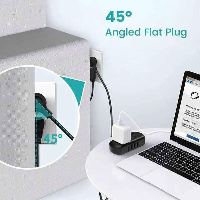 Alt view image 6 of 7 - Power Strip with USB, SUPERDANNY Mini Surge Protector with 2 Wide-Spaced Outlets & 4 USB Ports, 5 Ft Extension Cord, Flat Plug, Compact Size Desktop Charging Station for Travel, for iPhone 15 Black