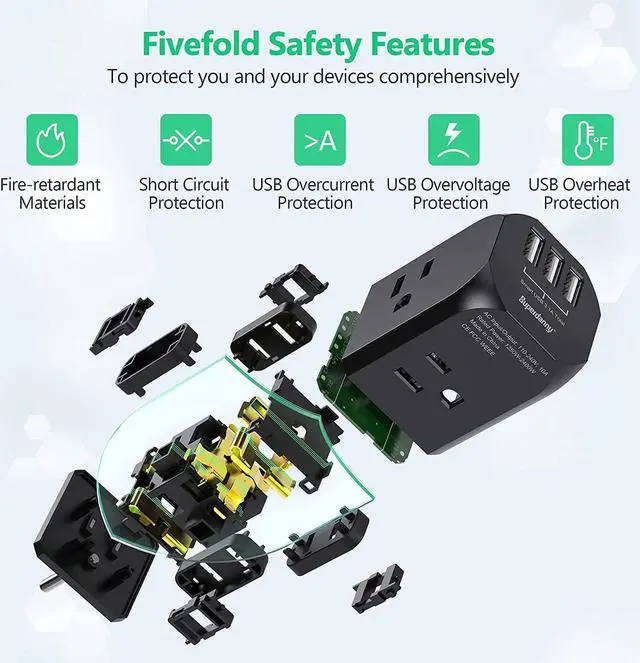 Alt view image 5 of 7 - SUPERDANNY Wall Plug Outlet Extender Outlet Splitter with 4 Electrical Outlets & 3 USB Ports Charger, Cruise Ship Approved Wall Plug Charger for iPhone 15 for iPhone 14 Black