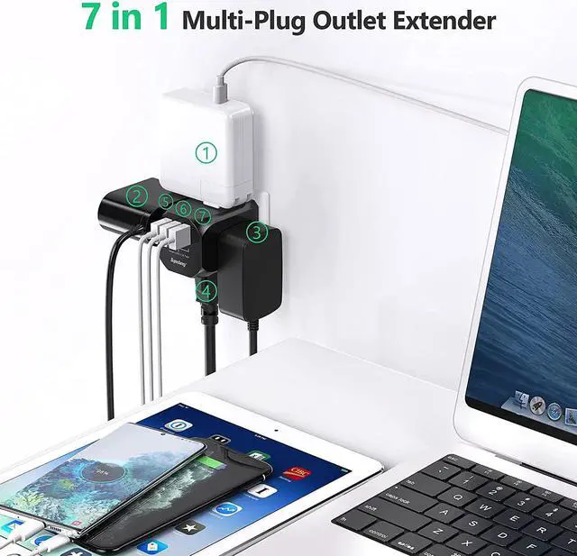 Alt view image 4 of 7 - SUPERDANNY Wall Plug Outlet Extender Outlet Splitter with 4 Electrical Outlets & 3 USB Ports Charger, Cruise Ship Approved Wall Plug Charger for iPhone 15 for iPhone 14 Black