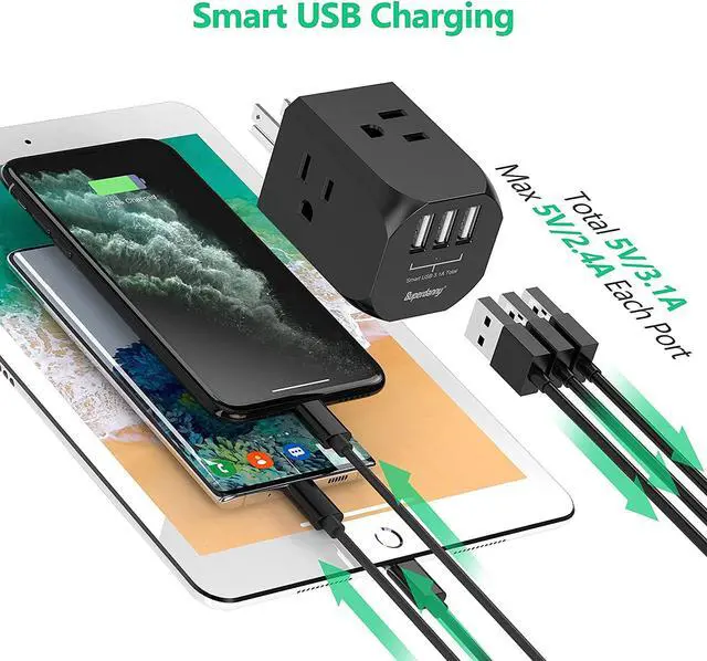 Alt view image 3 of 7 - SUPERDANNY Wall Plug Outlet Extender Outlet Splitter with 4 Electrical Outlets & 3 USB Ports Charger, Cruise Ship Approved Wall Plug Charger for iPhone 15 for iPhone 14 Black