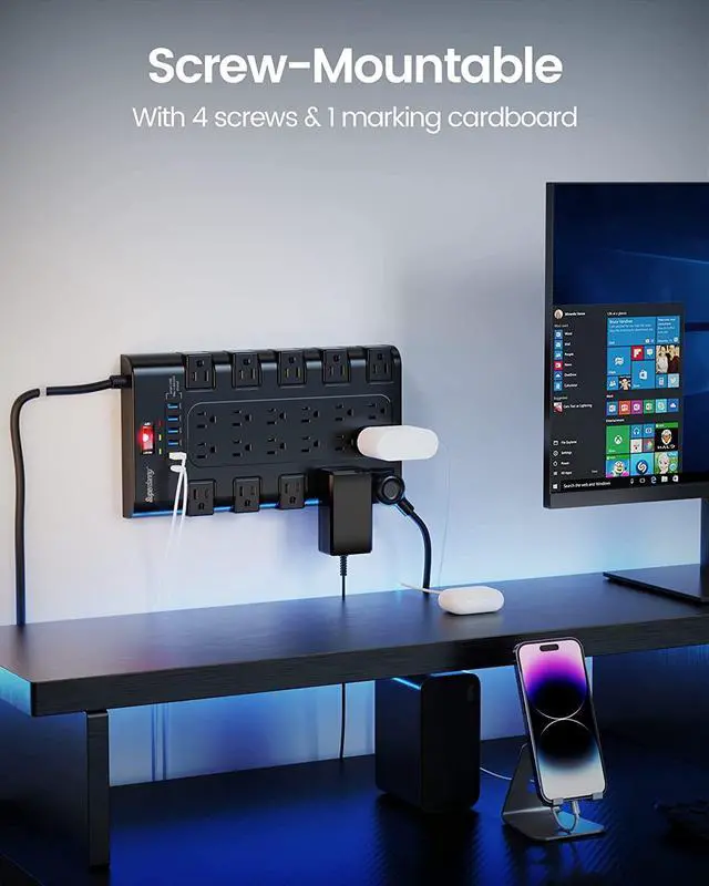 Alt view image 6 of 7 - SUPERDANNY Power Strip Surge Protector | 22 AC Outlets & 6 USB Charging Ports | 1 USB-C | 1875W/15A | 2100 Joules | 6.5Ft Flat Plug Extension Cord | Home, Office Use | Black