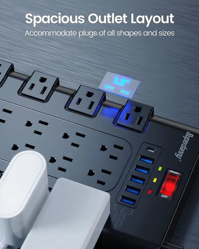 Alt view image 3 of 7 - SUPERDANNY Power Strip Surge Protector | 22 AC Outlets & 6 USB Charging Ports | 1 USB-C | 1875W/15A | 2100 Joules | 6.5Ft Flat Plug Extension Cord | Home, Office Use | Black