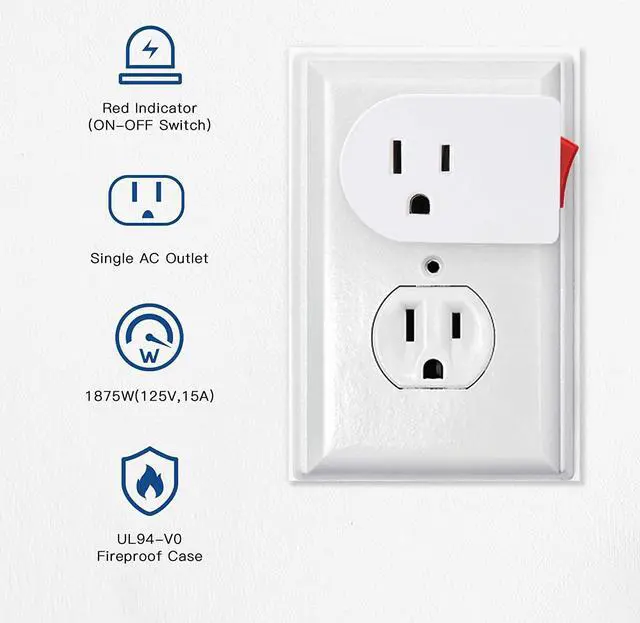 Alt view image 4 of 7 - 3 Prong Grounded Outlet Adapter with ON OFF Switch and Red Indicator, ETL Listed White Receptacle Single Port Power Outlet Switch, Electrical Wall Tap Adapter for Home and Office, 4 Pack