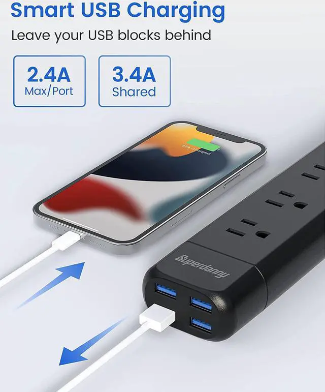 Alt view image 6 of 7 - SUPERDANNY Surge Protector Power Strip Outlet Extender with 4 Detachable USB Ports Portable Charging Station Mountable for iPhone Charger