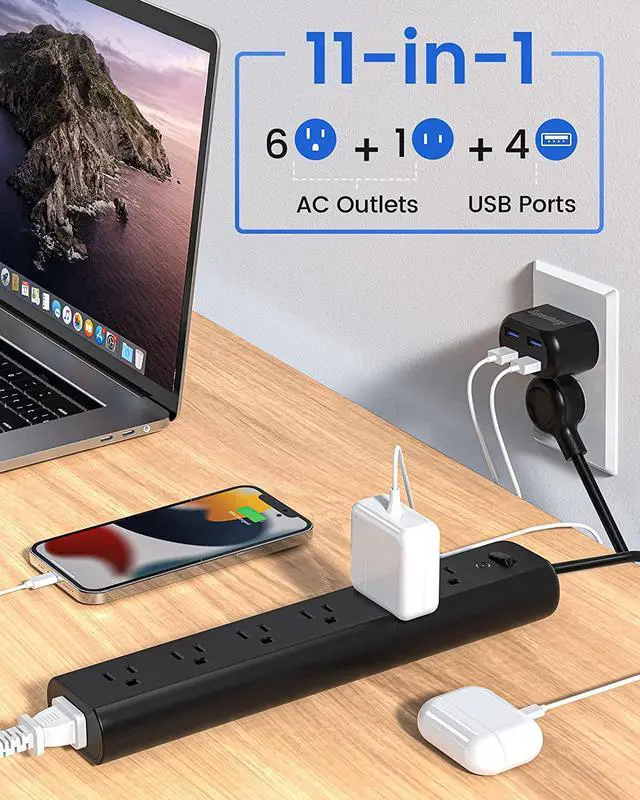 Alt view image 3 of 7 - SUPERDANNY Surge Protector Power Strip Outlet Extender with 4 Detachable USB Ports Portable Charging Station Mountable for iPhone Charger