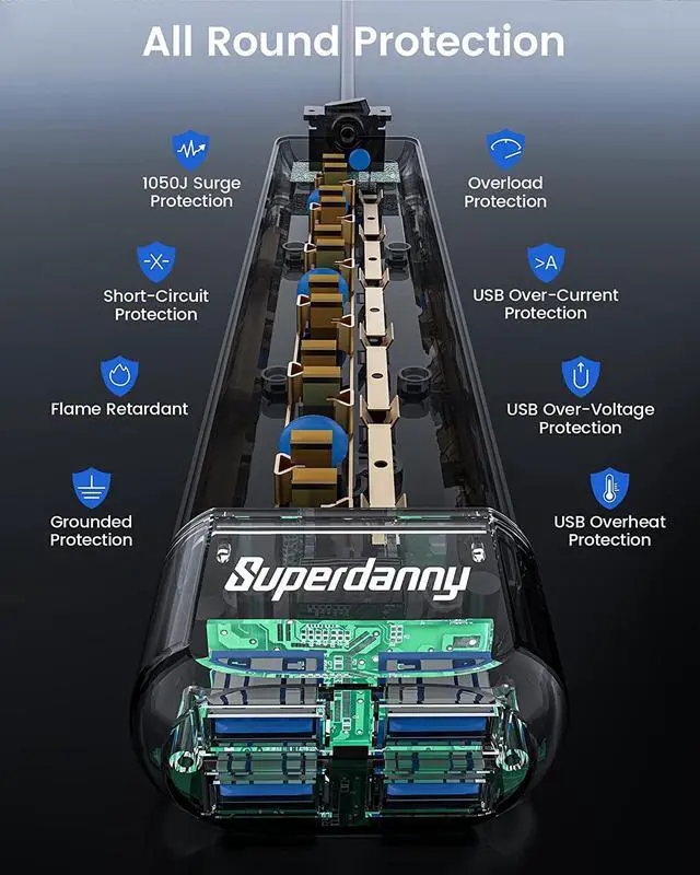Alt view image 5 of 7 - SUPERDANNY Surge Protector Power Strip Outlet Extender with 4 Detachable USB Ports Portable Charging Station Mountable for iPhone Charger