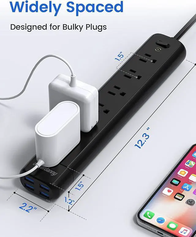 Alt view image 4 of 7 - SUPERDANNY Surge Protector Power Strip Outlet Extender with 4 Detachable USB Ports Portable Charging Station Mountable for iPhone Charger