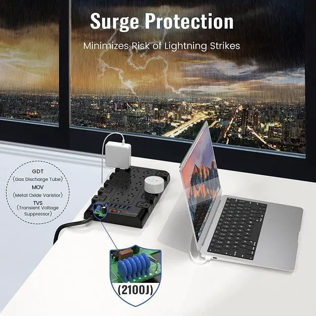 Alt view image 5 of 7 - SUPERDANNY 15Ft Long Extension Cord Power Strip Surge Protector with 6 USB Charging Ports and 22 AC Outlets Power Outlet