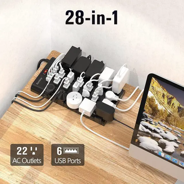 Alt view image 3 of 7 - SUPERDANNY 15Ft Long Extension Cord Power Strip Surge Protector with 6 USB Charging Ports and 22 AC Outlets Power Outlet
