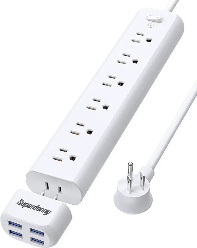 Main image of SUPERDANNY Surge Protector Power Strip Extension Cord 7 AC Outlet Extender with 4 Detachable USB Ports, 4Ft Cord, Flat Plug, Wall Mount Desk Charging Station for Home, Office Dorm Essentials, White