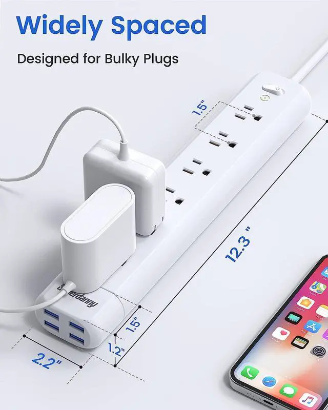 Alt view image 4 of 7 - SUPERDANNY Surge Protector Power Strip Extension Cord 7 AC Outlet Extender with 4 Detachable USB Ports, 4Ft Cord, Flat Plug, Wall Mount Desk Charging Station for Home, Office Dorm Essentials, White