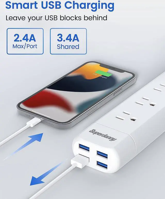 Alt view image 6 of 7 - SUPERDANNY Surge Protector Power Strip Extension Cord 7 AC Outlet Extender with 4 Detachable USB Ports, 4Ft Cord, Flat Plug, Wall Mount Desk Charging Station for Home, Office Dorm Essentials, White