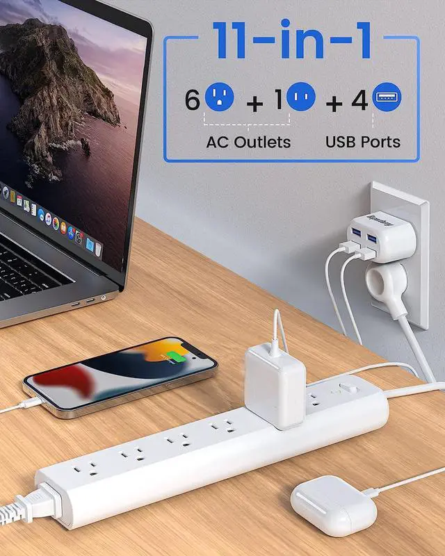 Alt view image 3 of 7 - SUPERDANNY Surge Protector Power Strip Extension Cord 7 AC Outlet Extender with 4 Detachable USB Ports, 4Ft Cord, Flat Plug, Wall Mount Desk Charging Station for Home, Office Dorm Essentials, White