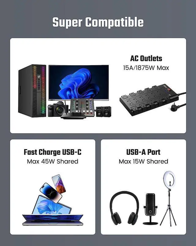 Alt view image 4 of 7 - SUPERDANNY 2 USB-C Ports Fast Charging Station Power Strip Surge Protector 22 Outlets 2100J Iphone Charger