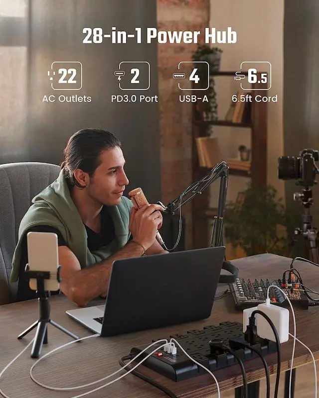 Alt view image 6 of 7 - SUPERDANNY 2 USB-C Ports Fast Charging Station Power Strip Surge Protector 22 Outlets 2100J Iphone Charger