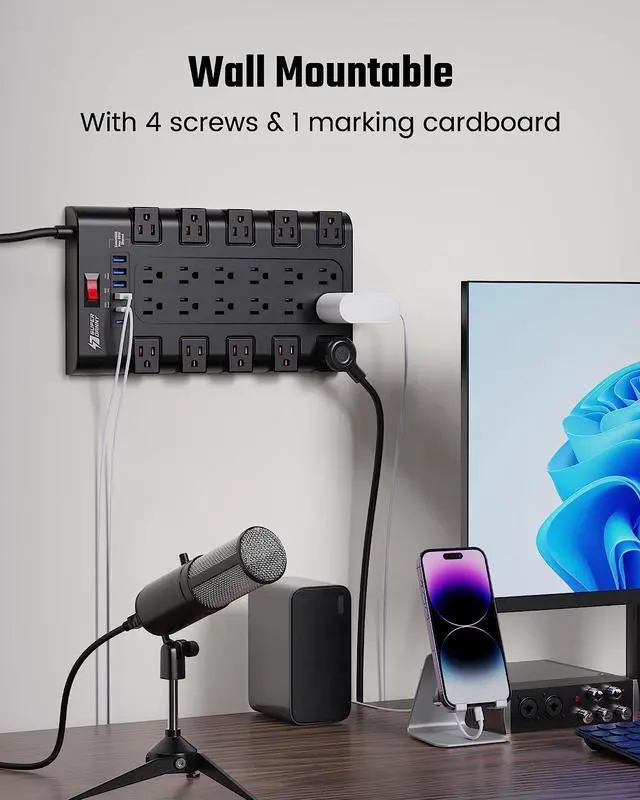 Alt view image 2 of 7 - SUPERDANNY 2 USB-C Ports Fast Charging Station Power Strip Surge Protector 22 Outlets 2100J Iphone Charger