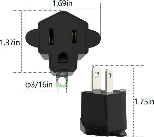 Alt view image 5 of 7 - 4 Pack 3-2 Prong Adapters Grounding Adapter 3-Prong to 2-Prong Adapter ETL Listed Fireproof Material 392 Resistant Heavy Duty Wall Plugs for Household Appliances Industial, Black