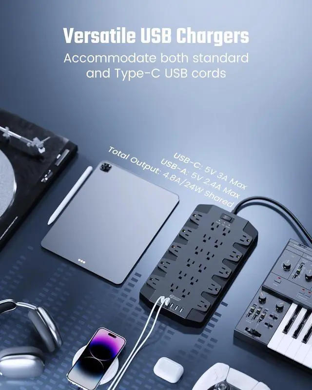 Alt view image 3 of 7 - SUPERDANNY Power Strip Surge Protector with 22 Outlets 2 USB-C and 4 USB-A 2100J 6.5Ft Flat Plug Heavy Duty Extension Cord Wall Mountable for Home, Office, Dorm, Gaming Room, Black