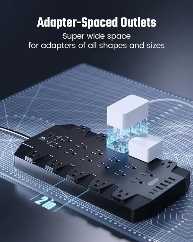 Alt view image 4 of 7 - SUPERDANNY Power Strip Surge Protector with 22 Outlets 2 USB-C and 4 USB-A 2100J 6.5Ft Flat Plug Heavy Duty Extension Cord Wall Mountable for Home, Office, Dorm, Gaming Room, Black