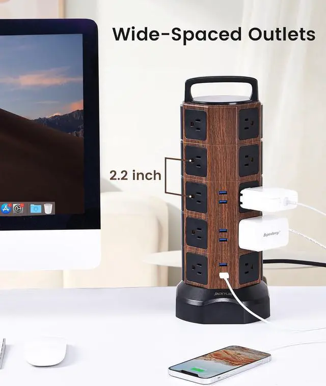Alt view image 5 of 7 - JACKYLED Power Strip Tower Surge Protector 1050J 20 AC Outlets 6 USB Ports 6.5ft