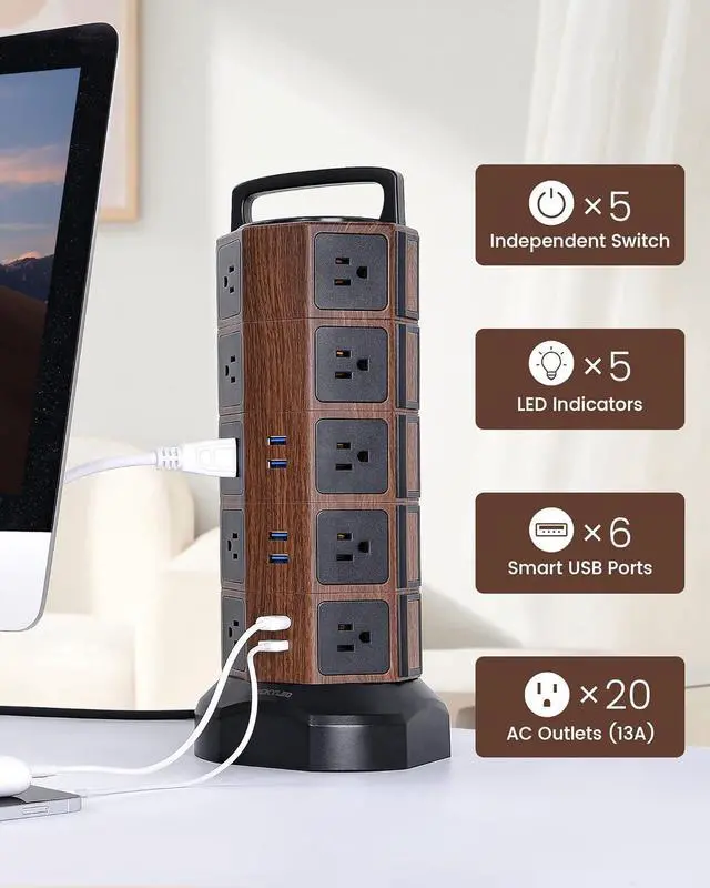 Alt view image 4 of 7 - JACKYLED Power Strip Tower Surge Protector 1050J 20 AC Outlets 6 USB Ports 6.5ft