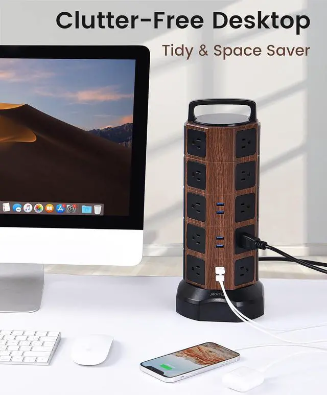 Alt view image 3 of 7 - JACKYLED Power Strip Tower Surge Protector 1050J 20 AC Outlets 6 USB Ports 6.5ft