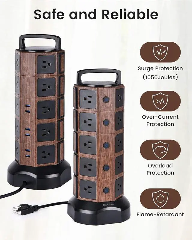 Alt view image 7 of 7 - JACKYLED Power Strip Tower Surge Protector 1050J 20 AC Outlets 6 USB Ports 6.5ft