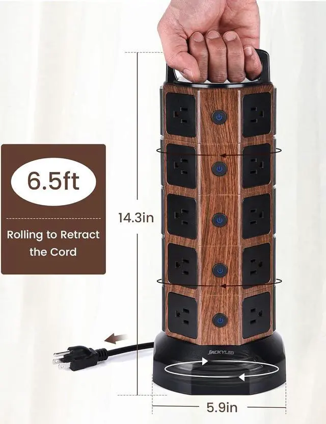 Alt view image 2 of 7 - JACKYLED Power Strip Tower Surge Protector 1050J 20 AC Outlets 6 USB Ports 6.5ft