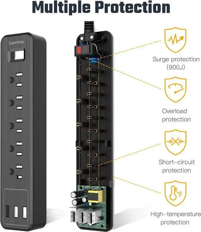 Alt view image 7 of 7 - SUPERDANNY Surge Protector Power Strip 5 AC Outlet 3 USB Ports 4.5 Ft Extension Cord Mountable Black