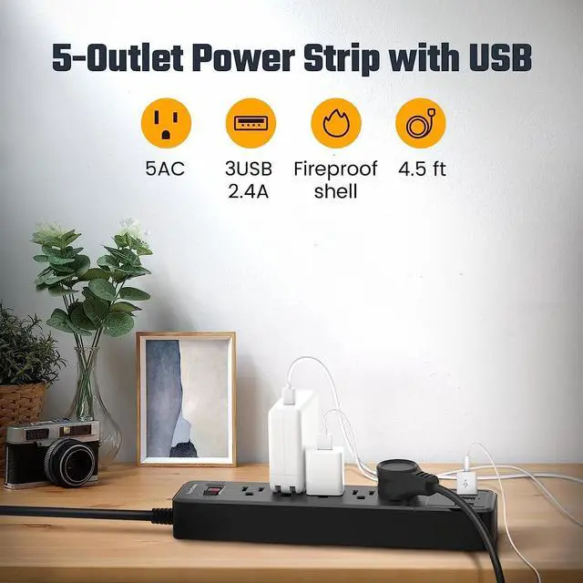 Alt view image 3 of 7 - SUPERDANNY Surge Protector Power Strip 5 AC Outlet 3 USB Ports 4.5 Ft Extension Cord Mountable Black