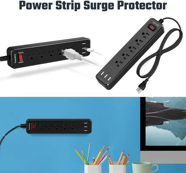 Alt view image 6 of 7 - SUPERDANNY Surge Protector Power Strip 5 AC Outlet 3 USB Ports 4.5 Ft Extension Cord Mountable Black