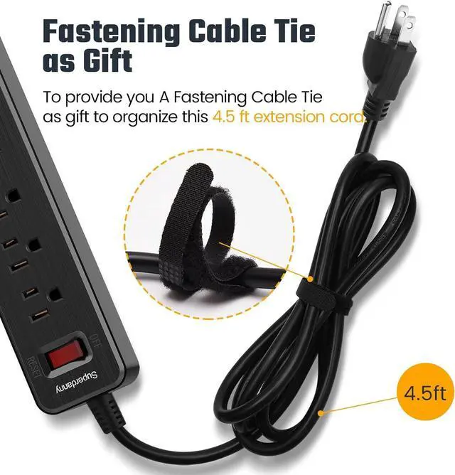 Alt view image 8 of 7 - SUPERDANNY Surge Protector Power Strip 5 AC Outlet 3 USB Ports 4.5 Ft Extension Cord Mountable Black