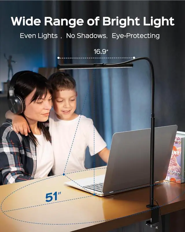 Alt view image 3 of 7 - Modern Desk Lamps for Home Office, Eye Caring LED Desk Lamp with Gooseneck Clamp, Dimmable Computer Desk Light, Touch Control Desktop Lamp for Study Reading Architect