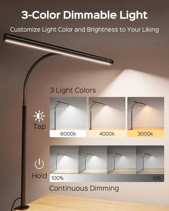 Alt view image 2 of 7 - Modern Desk Lamps for Home Office, Eye Caring LED Desk Lamp with Gooseneck Clamp, Dimmable Computer Desk Light, Touch Control Desktop Lamp for Study Reading Architect