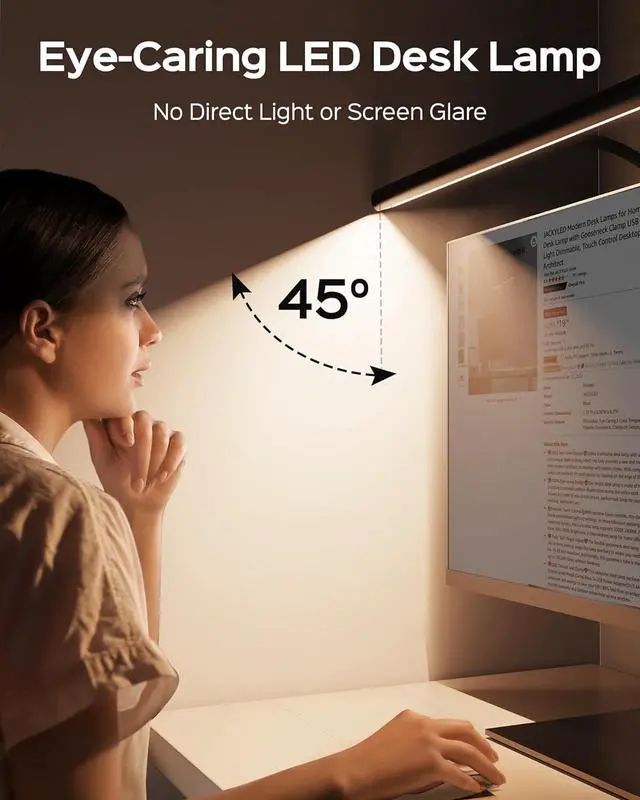 Alt view image 4 of 7 - Modern Desk Lamps for Home Office, Eye Caring LED Desk Lamp with Gooseneck Clamp, Dimmable Computer Desk Light, Touch Control Desktop Lamp for Study Reading Architect