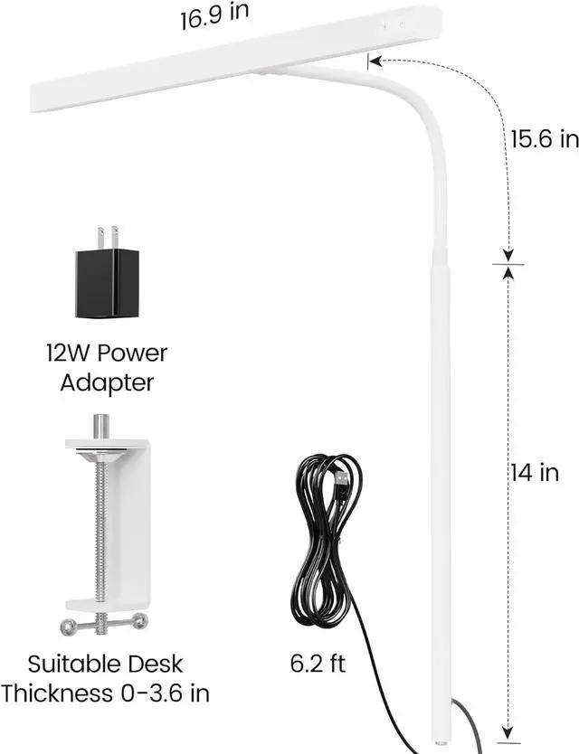 Alt view image 6 of 7 - Eye-Caring LED Desk Lamp for Home Office, 12W Dimmable Desk Light with Adjustable Gooseneck,  Touch Control Architect Clamp Lamp with USB Adapter, White