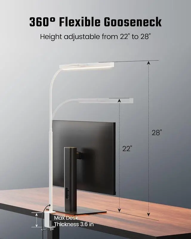 Alt view image 4 of 7 - Eye-Caring LED Desk Lamp for Home Office, 12W Dimmable Desk Light with Adjustable Gooseneck,  Touch Control Architect Clamp Lamp with USB Adapter, White