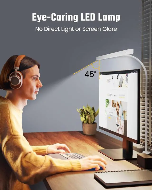 Alt view image 2 of 7 - Eye-Caring LED Desk Lamp for Home Office, 12W Dimmable Desk Light with Adjustable Gooseneck,  Touch Control Architect Clamp Lamp with USB Adapter, White