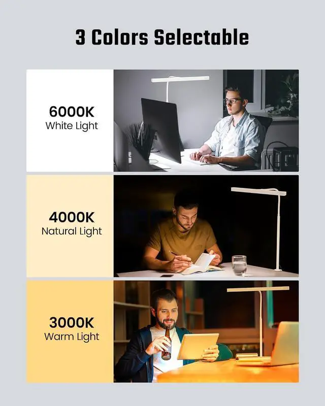 Alt view image 5 of 7 - Eye-Caring LED Desk Lamp for Home Office, 12W Dimmable Desk Light with Adjustable Gooseneck,  Touch Control Architect Clamp Lamp with USB Adapter, White