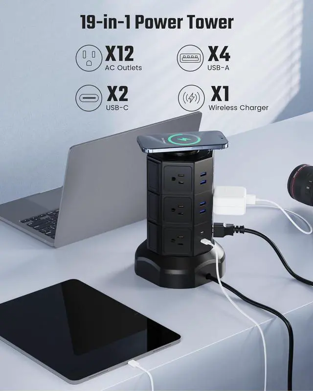 Alt view image 2 of 7 - SUPERDANNY Surge Protector Tower Power Strip with 15W Wireless Charger Charging Station with 12 AC Outlets & 6 USB Ports (2 USB C) 6.5ft Extension Cord Black