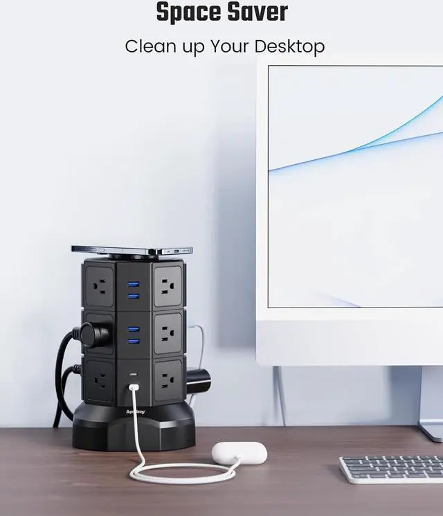 Alt view image 4 of 7 - SUPERDANNY Surge Protector Tower Power Strip with 15W Wireless Charger Charging Station with 12 AC Outlets & 6 USB Ports (2 USB C) 6.5ft Extension Cord Black