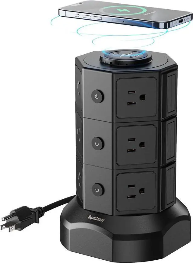 Main image of SUPERDANNY Surge Protector Tower Power Strip with 15W Wireless Charger Charging Station with 12 AC Outlets & 6 USB Ports (2 USB C) 6.5ft Extension Cord Black