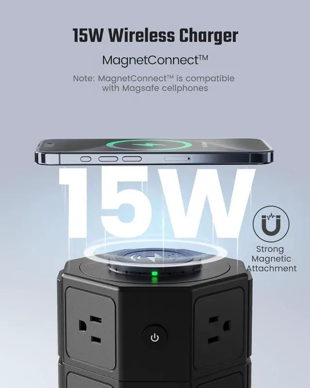 Alt view image 3 of 7 - SUPERDANNY Surge Protector Tower Power Strip with 15W Wireless Charger Charging Station with 12 AC Outlets & 6 USB Ports (2 USB C) 6.5ft Extension Cord Black