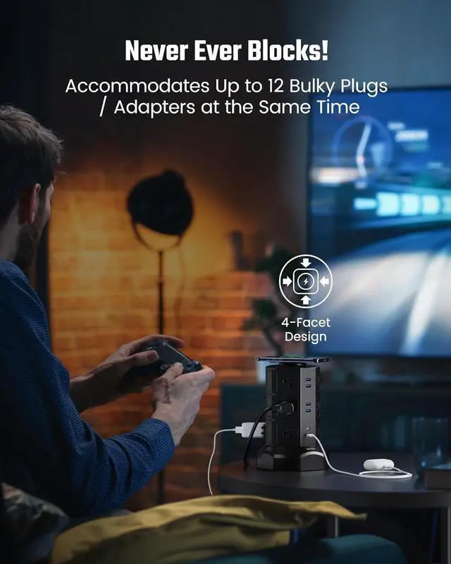 Alt view image 5 of 7 - SUPERDANNY Surge Protector Tower Power Strip with 15W Wireless Charger Charging Station with 12 AC Outlets & 6 USB Ports (2 USB C) 6.5ft Extension Cord Black
