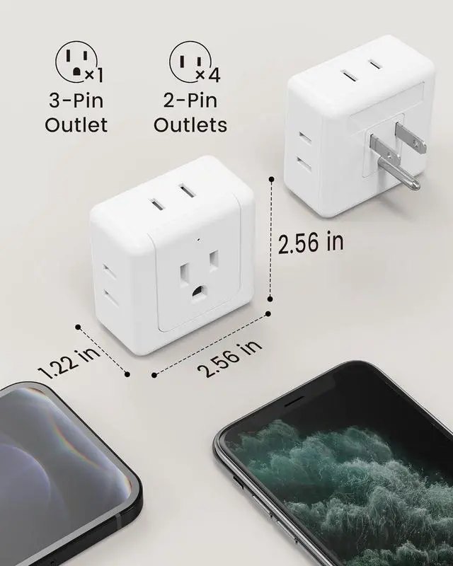 Alt view image 7 of 7 - 2pack SUPERDANNY Multi Plug Outlet Extender, 5 Way Outlet Splitter, 90 Degree Angled Side Outlet Adapter, 3 Prong Flat Wall Plug Expander (15A/1875W) for Home Dorm Room, Cruise Essentials, White