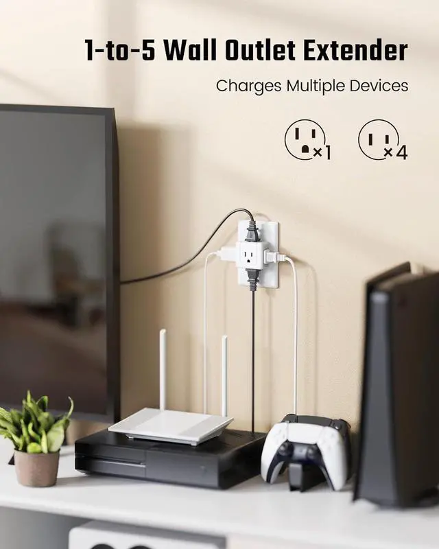 Alt view image 6 of 7 - 2pack SUPERDANNY Multi Plug Outlet Extender, 5 Way Outlet Splitter, 90 Degree Angled Side Outlet Adapter, 3 Prong Flat Wall Plug Expander (15A/1875W) for Home Dorm Room, Cruise Essentials, White