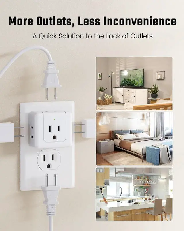 Alt view image 3 of 7 - 2pack SUPERDANNY Multi Plug Outlet Extender, 5 Way Outlet Splitter, 90 Degree Angled Side Outlet Adapter, 3 Prong Flat Wall Plug Expander (15A/1875W) for Home Dorm Room, Cruise Essentials, White