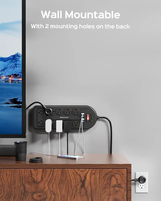 Alt view image 5 of 6 - JACKYLED Surge Protector  Power Strip 10 AC 4 USB Ports Power Outlet Strip 6Ft Extension Cord